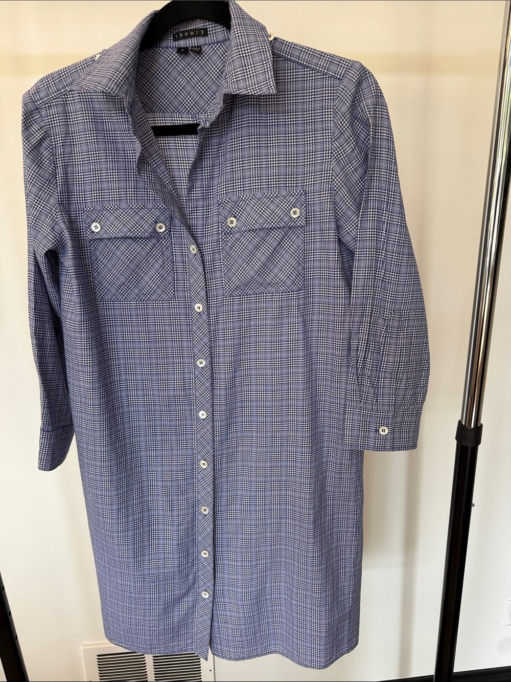 Theory Blue Plaid Long-Sleeve Shirt Dress